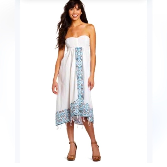 Roxy Women’s S White Sleeveless Embroidered Smocked Bohemian Midi Wrap Dress - Picture 1 of 9